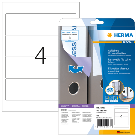 Abziehbare Ordneretiketten von Herma, Packung mit 100 Etiketten, Größe 128 x 95 mm, für die Beschriftung von Ordnern.