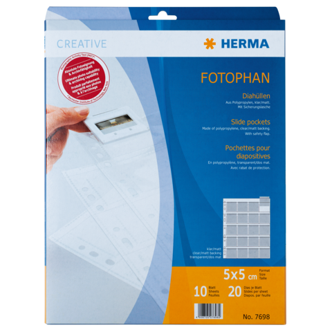 Packung mit Fotohüllen für Dias, 10 Stück, 5x5 cm, von Herma. Enthält 20 Taschen aus Polypropylen für sicheren Schutz.