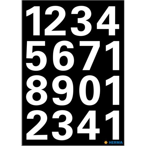 Eine schwarze Tafel mit weißen Zahlen: 1234, 5671, 8901, 2341. Unten rechts das Logo von HERMA.