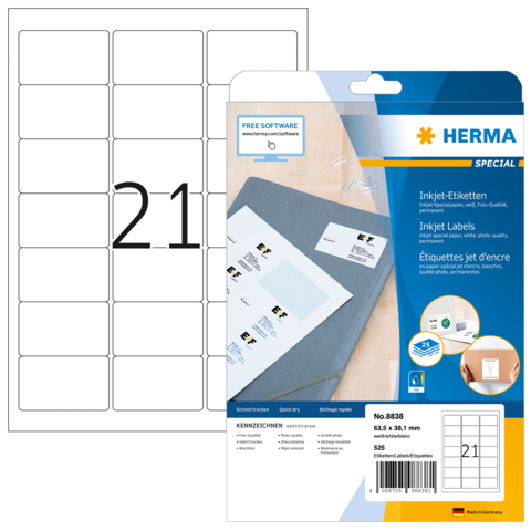 Ein Blatt mit leeren Etiketten und einer Verpackung für Herma Inkjet-Etiketten, die Software zur Gestaltung anbietet.