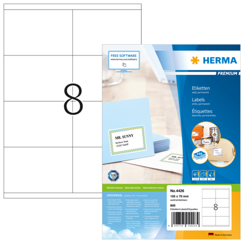 Etikettenbogen mit der Nummer 8, verpackt in einer Herma-Hülle, zeigt Beispieletiketten mit dem Namen "MR. SUNNY" und einem QR-Code.