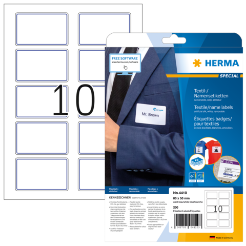 Namensetiketten auf einem Bogen mit 10 Feldern, verpackt in einer Herma-Hülle, mit Beispiel für ein Etikett mit dem Namen "Mr. Brown".