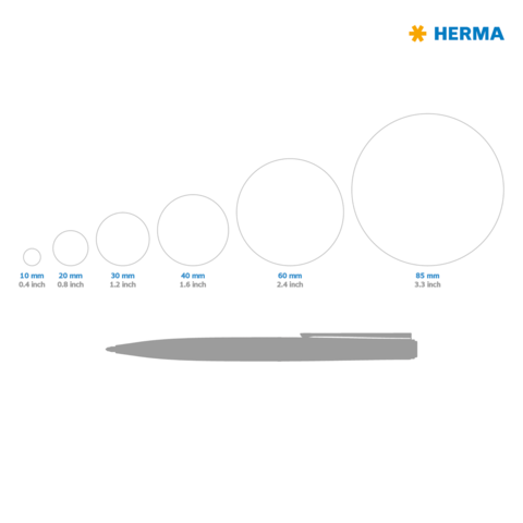 Eine Grafik zeigt verschiedene Durchmesser von Kreisen (10 mm bis 85 mm) neben einem Stift zur Größenreferenz.