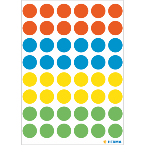 Bunte Aufkleber in verschiedenen Farben: rot, blau, gelb und grün, angeordnet in einem Raster auf weißem Hintergrund.