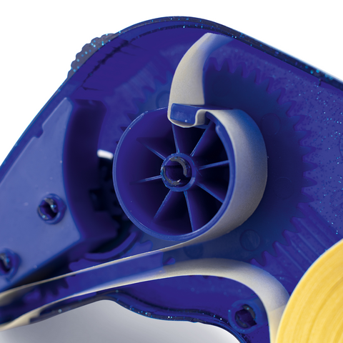 Un nastro adesivo blu con nastro giallo, che mostra un rotolo e un dispenser. Ideale per lavori di bricolage e per l'ufficio.