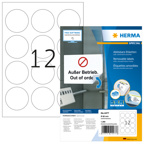 Blatt mit ablösbaren Etiketten, auf dem ein Etikett mit der Aufschrift „Außer Betrieb. Out of order“ und der Nummer 12 zu sehen ist.