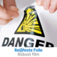 Eine Hand zieht an einer Warnfolie mit einem Gefahrensymbol in Gelb und Schwarz. Darunter steht "Reißfeste Folie" und "Robust film".