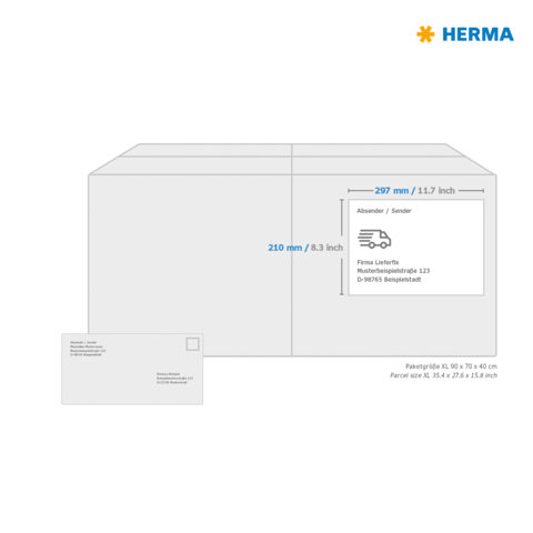 Paketgröße XL mit Abmessungen von 297 mm x 210 mm und einer Postkarte daneben. Enthält Absenderinformationen und Maße.