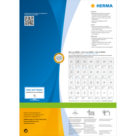 HERMA Produktinformationen mit QR-Code, Software-Download-Link und einer Tabelle zur Produktverfügbarkeit.