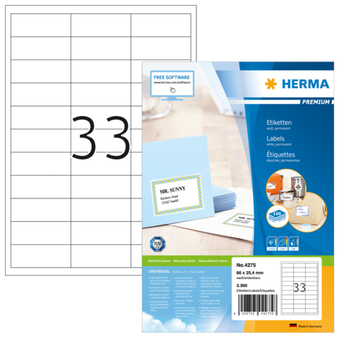 Etikettenpackung von Herma mit der Nummer 4275, zeigt die Verwendung für Adressetiketten und enthält 33 Etiketten pro Blatt.