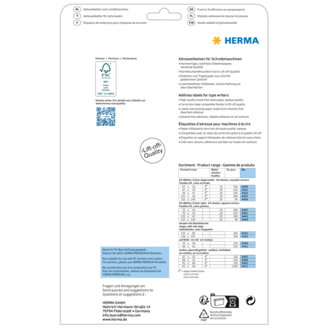 Adressenetiketten für Schreibmaschinen von HERMA, mit Produktinformationen und QR-Code für weitere Details.