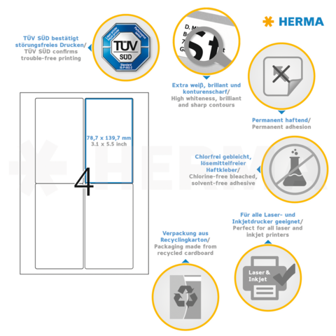 Descrizione dell'etichetta con dettagli tecnici: dimensioni 78,7 x 139,7 mm, adesivo permanente, privo di cloro, adatto per stampanti laser e a getto d'inchiostro.