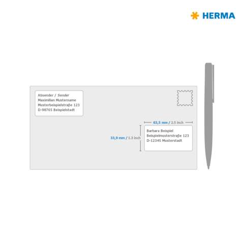 Briefbeschreibung einer Postkarte mit Absender- und Empfängerdaten sowie Maßen in Millimetern und Zoll. Oben rechts ist ein Platz für eine Briefmarke.