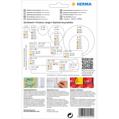 Produktübersicht von HERMA mit verschiedenen Etikettenformaten und Anwendungshinweisen. QR-Code für weitere Informationen.