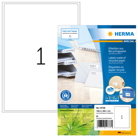 Etiketten aus Recyclingpapier in einer Verpackung, mit Informationen zu Software und Anwendung. Enthält 80 Etiketten.