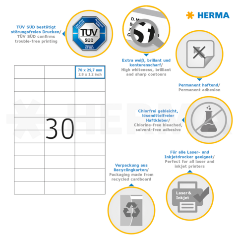 Etikettenblatt mit 30 Etiketten, 70 x 29 mm, extra weiß, permanent haftend, chlorfrei gebleicht, geeignet für Laser- und Inkjetdrucker.