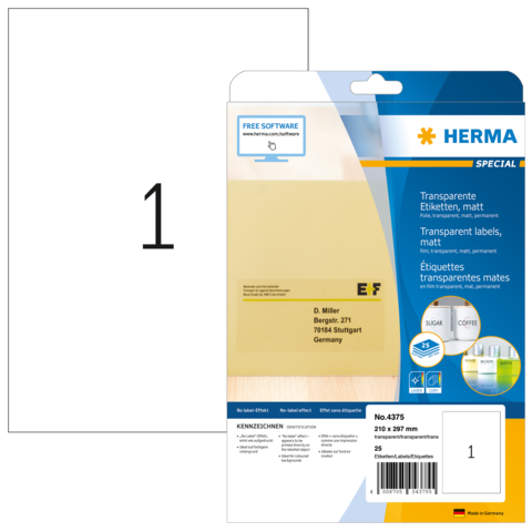 Transparente Etiketten von Herma, Packung mit 25 Stück, Größe 210 x 297 mm, für verschiedene Anwendungen.