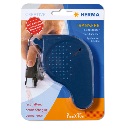 Klebestiftspender in blauer Farbe, verpackt in einer transparenten Blisterverpackung. Enthält 9 mm x 15 m permanenten Kleber.