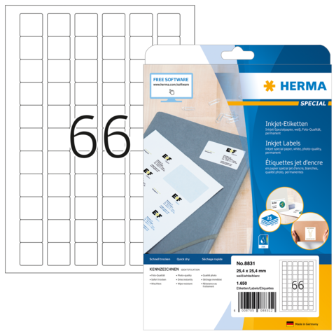 Blatt mit 66 vorgestanzten Inkjet-Etiketten, verpackt in einer blauen Verpackung mit Produktinformationen und Software-Hinweis.