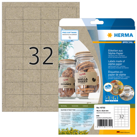Etiketten aus Silphie-Papier mit der Nummer 32, verpackt in einer transparenten Hülle, die Beispiele für die Verwendung zeigt.