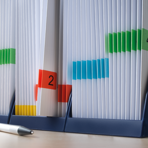 Cartella con etichette colorate e numerate che organizzano vari documenti. Una penna è posata accanto.