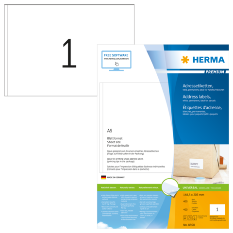 A5 Adressetiketten von HERMA, inklusive Informationen zur Verwendung und Software, auf einem weißen Hintergrund.