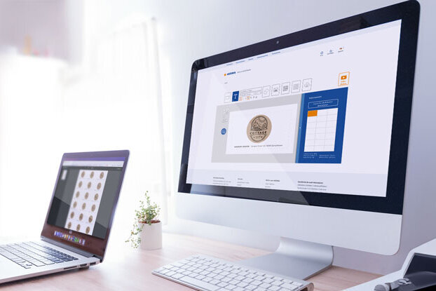 Due monitor su una scrivania, uno mostra un'interfaccia utente, l'altro una collezione di monete.