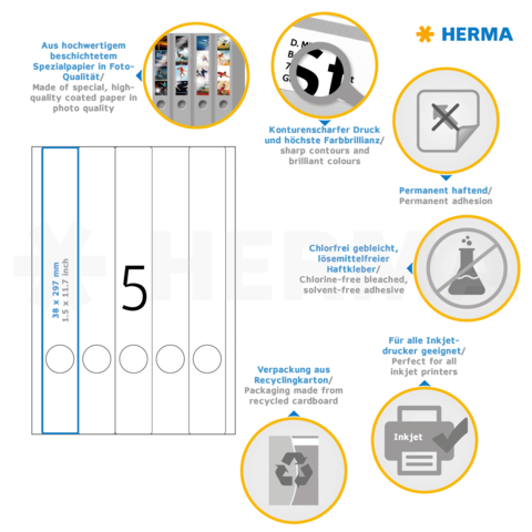 Hochwertige Etiketten von HERMA, geeignet für Inkjet-Drucker, mit permanentem Haftkleber und chlorfreiem, lösungsmittelfreiem Material.