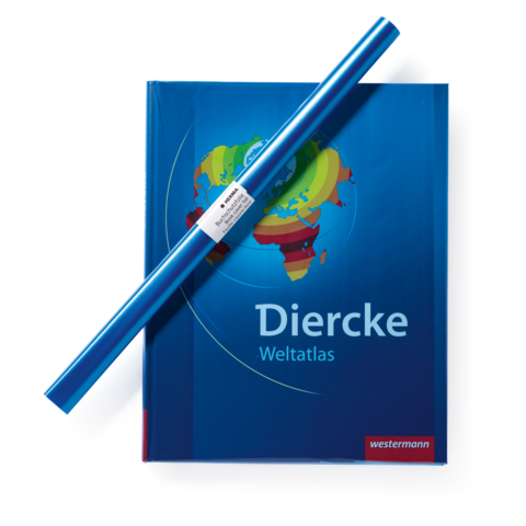 Diercke Weltatlas mit buntem Cover und einer blauen Rolle, die darauf liegt.