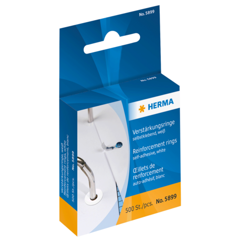 Verpackung mit selbstklebenden Verstärkungsringen in Weiß, 500 Stück, von der Marke Herma.
