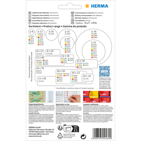 Produktübersicht mit verschiedenen Etikettenformaten und Farben von Herma, einschließlich Größenangaben und Anwendungshinweisen.