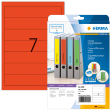 Rote Ordneretiketten mit der Nummer 7, verpackt in einer Blisterverpackung. Enthält Informationen zu Software und Anwendung.