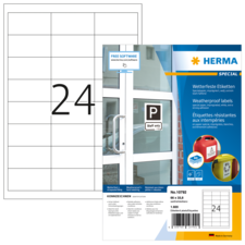 Wetterfeste Etiketten von Herma, Packung mit 24 Etiketten, geeignet für verschiedene Anwendungen, inklusive Softwarehinweis.