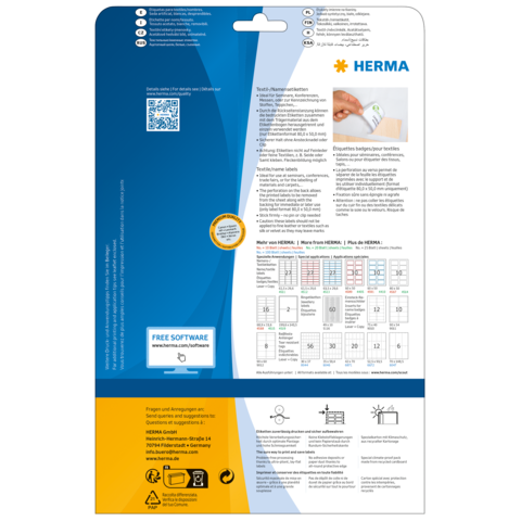 Rückseite einer Verpackung mit Anweisungen und Informationen zu HERMA Etiketten, einschließlich QR-Code und Hinweis auf kostenlose Software.