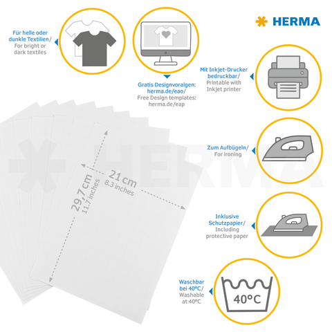 Carta transfer per tessuti, stampabile con stampante a getto d'inchiostro. Include carta protettiva, lavabile a 40°C, adatta per tessuti chiari e scuri.