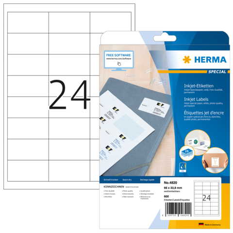 Etikettenblatt mit 24 Feldern, verpackt in einer Herma-Hülle. Hinweis auf kostenlose Software zur Etikettenerstellung.