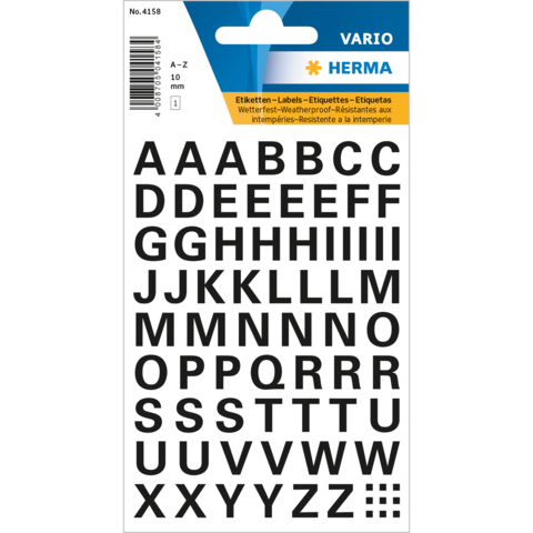 Schwarze Buchstabenaufkleber in Großbuchstaben, angeordnet von A bis Z, auf einer Verpackung mit wetterfester Beschriftung.