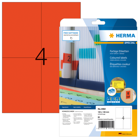 Rote Etiketten auf einer Verpackung, die die Größe 105 x 148 mm und die Nummer 4562 anzeigen. Enthält Informationen zu Software und Anwendung.