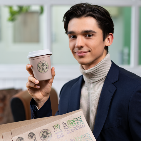 Un giovane in un elegante completo tiene in mano una tazza di caffè e sorride. Sullo sfondo si intravedono dei mobili sfocati.