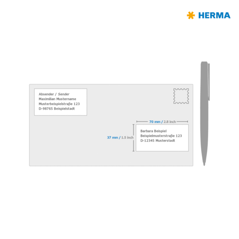 Briefbeschreibung eines Briefumschlags mit Absender- und Empfängerinformationen sowie Maßangaben für die Adresse.