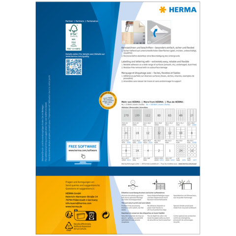 Produktinformationen und Anleitungen von HERMA, einschließlich QR-Code und Hinweisen zur kostenlosen Software.