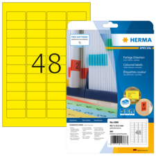 Gelbe Etiketten mit der Nummer 48, verpackt in einer transparenten Hülle, mit Hinweisen zu farbigen Etiketten und Software.