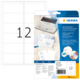 Adressetiketten für Schreibmaschinen, verpackt mit 12 Etiketten auf einem Bogen. Verpackung zeigt die Verwendung und Produktdetails.