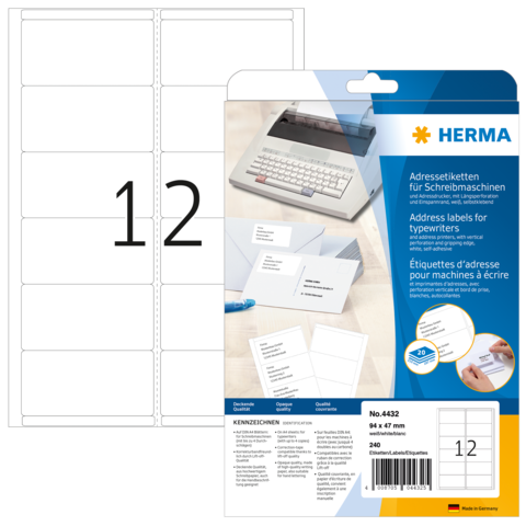 Adressetiketten für Schreibmaschinen, verpackt mit 12 Etiketten auf einem Bogen. Verpackung zeigt die Verwendung und Produktdetails.