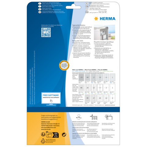 Rückseite einer Verpackung von HERMA mit Informationen zu Etiketten, QR-Code und Hinweisen zur kostenlosen Software.