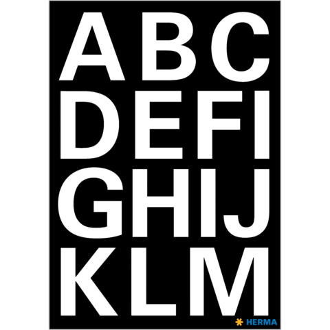 Schwarzer Hintergrund mit großen, weißen Buchstaben: A, B, C, D, E, F, G, H, I, J, K, L, M.