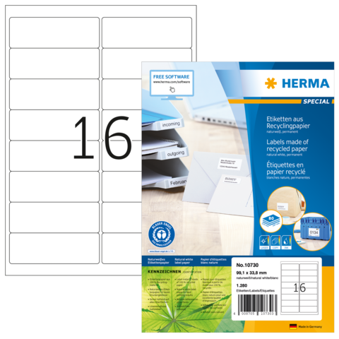 Etikettenbogen aus Recyclingpapier mit 16 leeren Etiketten. Verpackung zeigt Anwendungsmöglichkeiten und Softwarehinweis.