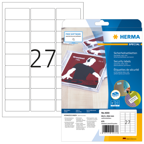 Sicherheitsetiketten auf einem Blisterpack, mit der Nummer 27 und einer Vorlage für Etiketten im Hintergrund.