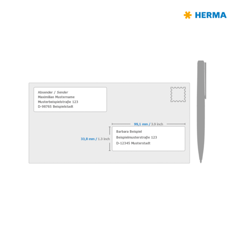 Ein Briefumschlag mit Absender- und Empfängeradresse, einschließlich Maßen in Millimetern und Zoll. Oben rechts ist ein Platz für eine Briefmarke.