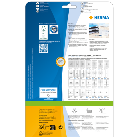 Rückseite einer Verpackung für HERMA Produkte, mit Informationen zu Software, Anwendungshinweisen und Produktdetails.